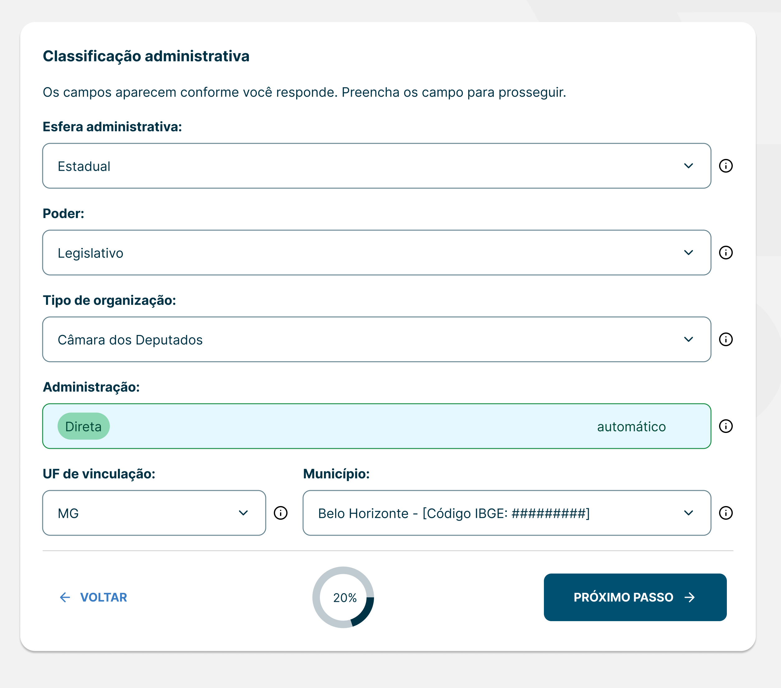 Etapa 2 com o campo Administração preenchido automaticamente como Direta, travado e rotulado