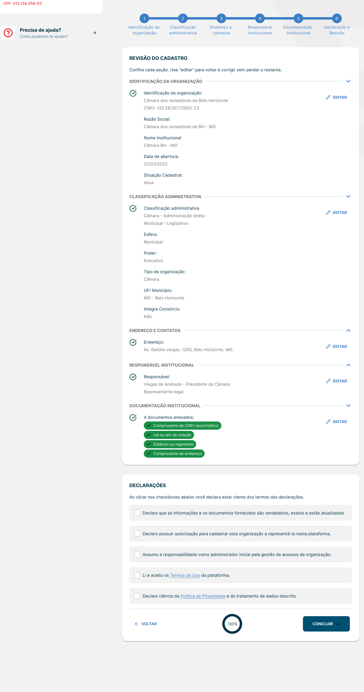 Etapa final de revisão com edição por seção e as cinco declarações